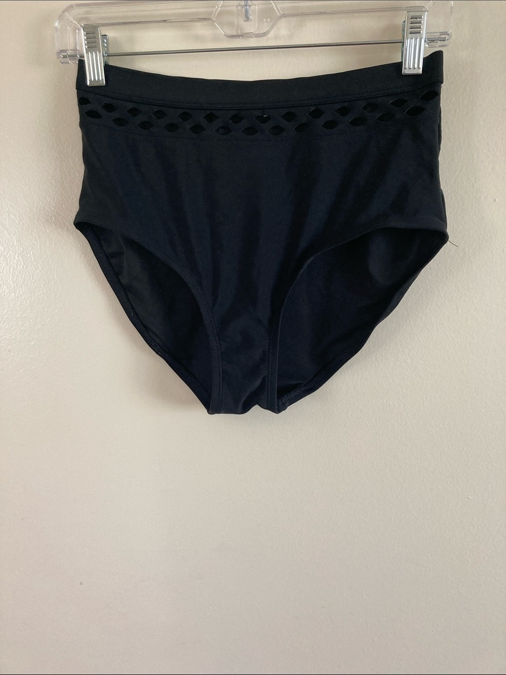 High-Waist Black Swim Bikini Bottom with Laser-Cut Waist Detail